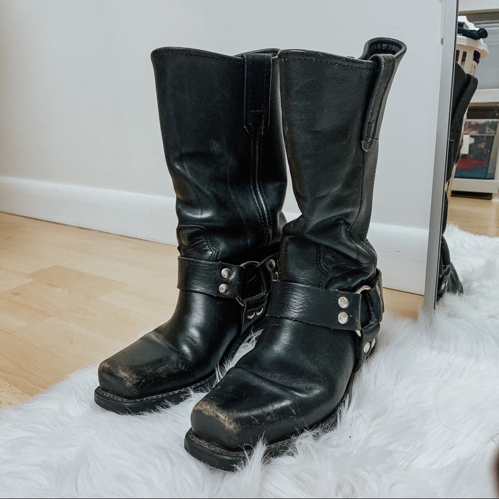 Vintage Nana Buckle Cowboy Industrial Western Black Boots